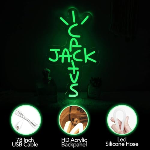 Image of Jack Cactus Neon Signs for Wall Decor Neon Wall Art Acrylic LED Lights with Hanging Chain Light Up Signs for Bedroom Decor Man Cave Bar Pub Wedding Party 5V USB Operated Dimmable