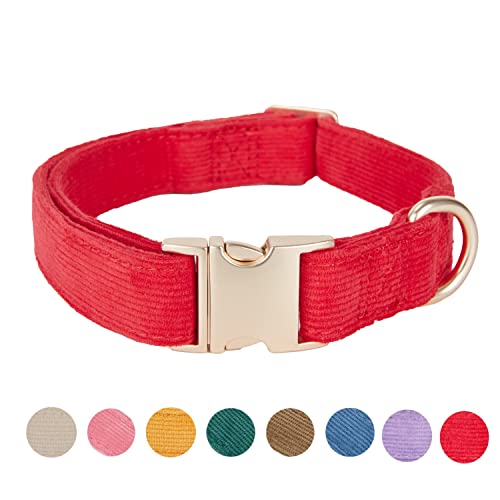 Petiry Soft Dog Collar with Safety Metal Buckle Adjustable Durable Comfort Velvet Corduroy Collars for Small Dogs,Red,Neck 25-38cm