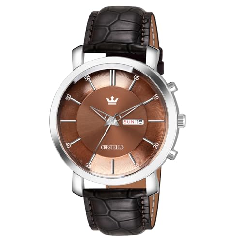 Image of CRESTELLO Brown /Green /Black Leather Strap Analog Wrist Watch with Day-Date Display for Men (Silver /Green /Brown /Black Dial) | CR-WT210