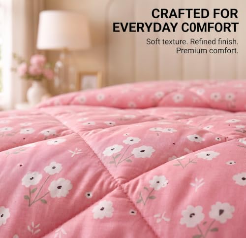 Image of SANMARINO 280 GSM Cotton King Size Comforter | Premium Floral Printed Quilt | Ultra-Soft & Lightweight Reversible AC Blanket for All-Season Comfort, AC Room & Mild Winter - 228x254 cm,Blossom Pink