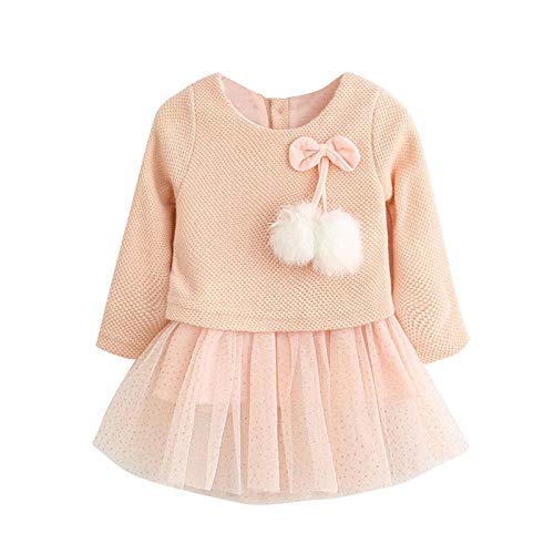 YOYO.RI Toddler Baby Kid Girls Long Sleeve Knitted Bow Newborn Tutu Princess Dress Infents Casual New Year Gift 0-24M Pink