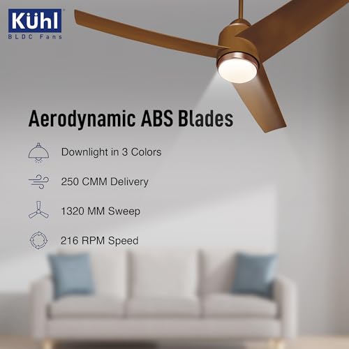 Image of KUHL Windzz K3 1320 mm 65% Power Saving BLDC Ceiling Fan | BEE 5 Star Rated & ISI Marked | High Air Flow | 5 Year Warranty on Motor | IoT - Operate via Mobile & Alexa | Brown | Free Installation
