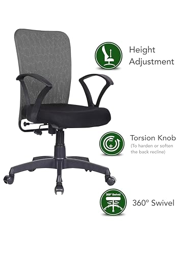 Image of Office Arm Chair with Metallic Frame, Mesh Back, Nylon Base, and Adjustable Handle, Cushion Fabric (Grey)