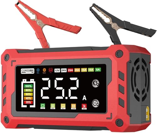 Image of COREBOX Battery Charger 25-Amp 12V /24V Automatic Smart Battery Trickle Charger, Battery Maintainer Desulfator with Temperature Compensation for Car Truck Motorcycle Lawn Mower Marine