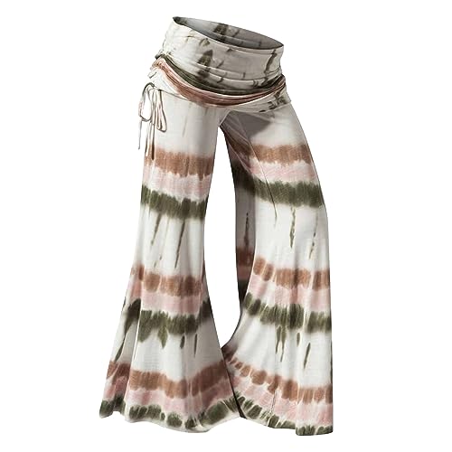 Ladies Fashion Palazzo Pants Stripe Tie Dye Print Loose Lace Casual Wide Leg Trousers Summer Soft Beach (Khaki, XL)2