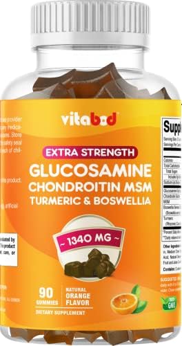 Extra Strength Glucosamine Chondroitin Gummies with MSM, Turmeric, & Boswellia – 90 Pectin-Based Gummies – Joint Support Supplement for Adults (Men & Women)