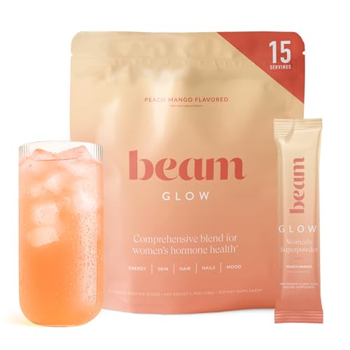 BEAM Glow Hormone Support & Cortisol Supplement for Women - Daily Vitamins for Women with Ashwagandha Selenium Zinc Vitamin A Biotin for Cycle Health Mood & Energy Peach Mango 15 Servings