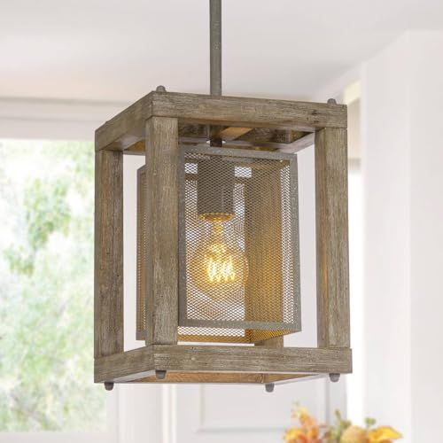 GEPOW Farmhouse Pendant Lighting, Wood Hanging Light Fixture with Rustic Metal Cage Shade for Kitchen Island, Dining Room, Bedroom, Foyer and Hallway