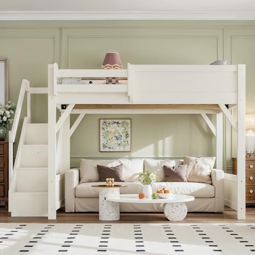 Image of KEIKI Solid Wood Full Size Loft Bed Frame with Stairs, Built-in Wardrobe and Storage Space, Full Loft Bed with Shelves, Full-Length Guardrails, No Box Spring Needed for Bedroom, Beige