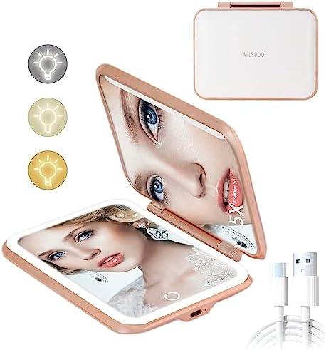 Travel Makeup Mirror with Lights,5X Magnifying Vanity Mirror,Compact Mirror Double Sided Handheld Mirror with Auto-Off Light,Rechargeable Portable Folding Travel LED Make Up Mirror,Gift for Mother