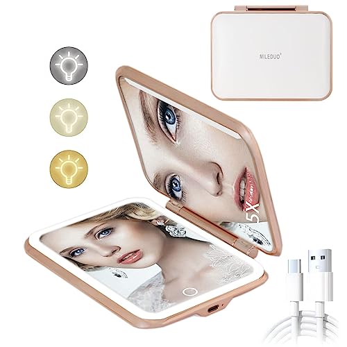 Travel Makeup Mirror With Lights,5X Magnifying Vanity Mirror,Compact Mirror Double Sided Handheld Mirror With Auto-Off Light,Rechargeable Portable Folding Travel Led Make Up Mirror,Gift For Mother #TOP13