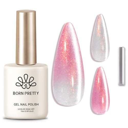 BORN PRETTY Cat Magnetic Eye Gel Nail Polish Color Changing Pink Sliver Glitter Cat Magnetic Gel Nail Polish for Nail Art Manicure Salon DIY at Home 15ML