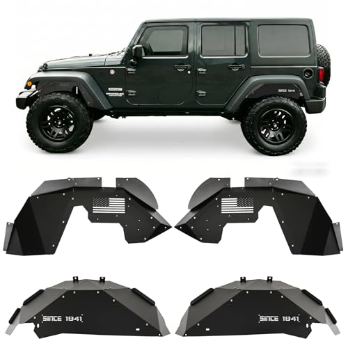 Jeep Wrangler JK Front Rear Inner Fender Liner Fits 2007-2018 Jeep Wrangler JK JKU Unlimited Rubicon Sahara 2 Door & 4 Door Aluminum Jeep Wrangler JK Wheel Well Liner Splash Mud Guard Covers 4 PCS