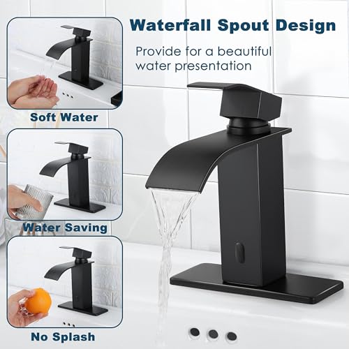 Image of Touchless Bathroom Sink Faucet, Herogo Automatic Sensor Matte Black Waterfall Stainless Steel Bathroom Faucet with Brass Pop Up Drain for Vanity RV Lavatory Farmhouse