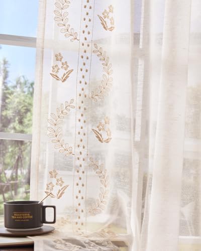 Image of jinchan Floral Linen Curtains, Back Tab 50x63 Inch, 2 Panels Beige