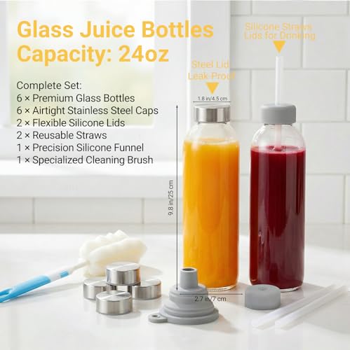 Image of Luxfuel 24 oz Glass Water Bottles with Lids, 6 Pack Reusable Juice Bottle with Stainless Steel Cap & Straw, 100% Leak Proof, BPA Free, Clear Glass Bottles for Juicing, Milk, Smoothies, Fridge Storage