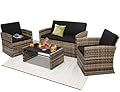 KROFEM 4 Pieces Patio Conversation Set, Outside Rattan Sectional Sofa, Cushioned Furniture Set, Wicker Sofa Ideal for Garden, Porch, Backyard, Natural Color Rattan and Black Cushion
