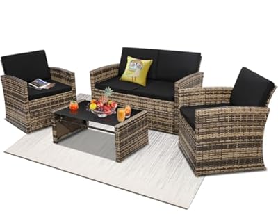 KROFEM 4 Pieces Patio Conversation Set, Outside Rattan Sectional Sofa, Cushioned Furniture Set, Wicker Sofa Ideal for Garden, Porch, Backyard, Natural Color Rattan and Black Cushion