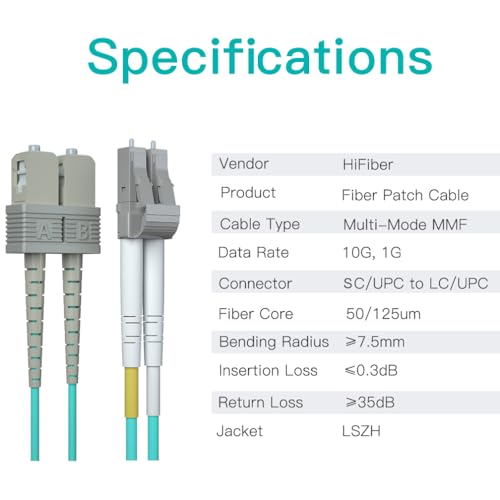 Image of 5m OM3 LC to SC Fiber Patch Cable, 10GB Multimode Fiber Jumper, Duplex LC-SC UPC, MMF, 50 /125um, LSZH, for 1G /10G MMF SFP Transceiver, Networks, 5 Meter(16.4ft)