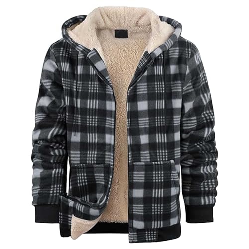Generisch Chaqueta de lana a cuadros para hombre con forro de piel de oveja elegante monocolor abrigo de invierno suelto chaqueta de forro polar con capucha otoño invierno chaqueta con capucha niño