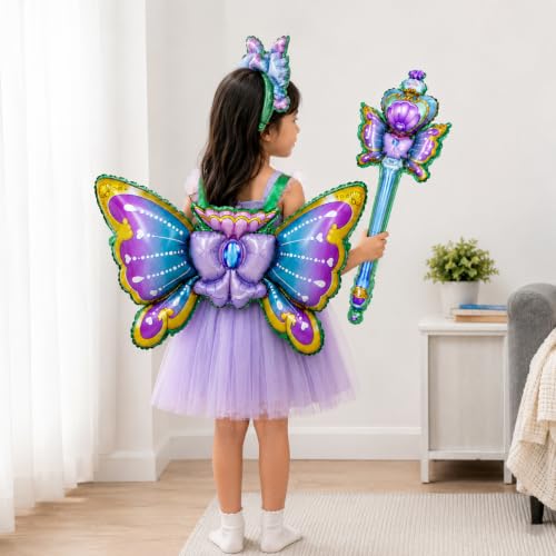 Image of Purple Butterfly Fairy Theme Foil Balloons Costume Set for Kids, Girl Birthday Party Set of 3 Pcs