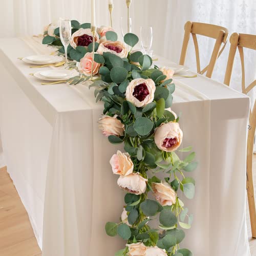 Realife 6 Ft Artificial Flower Eucalyptus Garland With 10 Fake Roses Flowers Vine For Valentine Decor Party Wedding Birthday Room Decor, Table Decoration Baby Shower Hanging Rose Garland(Retro Pink) #TOP8