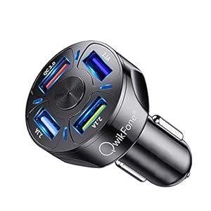 QwikFone USB Car Charger Adapter – 4 Ports with Fast Charge, Blue LED Light To Easily Find Charging Ports, Car USB Charger For Mobile And Other Devices – Cigarette Lighter USB Charger for Car