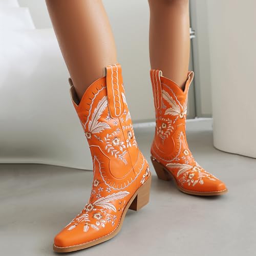 Womens Embroidered Cowgirl Boots Pull On Cowboy Boots for Women Floral Low Chunky Heel Western Boots4