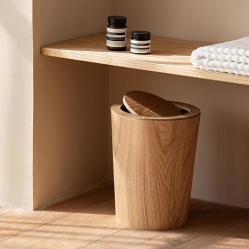Caneca de basura redonda de madera con tapa miniatura 4