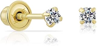14k Yellow Gold Solitaire Round Cubic Zirconia CZ Stud Earrings in Secure Screw-backs