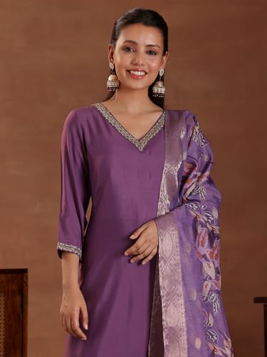 Image of Libas Womens Embellished Silk Blend Straight Kurta With Trousers and Dupatta | ethnic wear | bridal suit | wedding dress | occasion wear