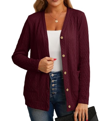 GRECERELLE Cardigan léger à manches longues et col en V boutonné en tricot côtelé ouvert sur le devant avec poche pour femme, B0 Bordeaux, 3XL