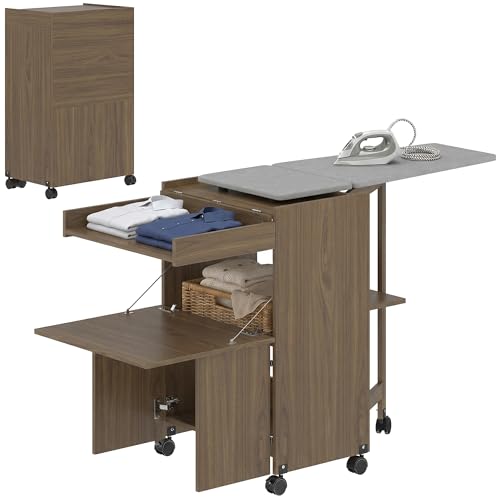 HOMCOM Meuble planche à repasser pliable avec roulettes et porte-fer à repasser, meuble à repasser multifonction avec étagères, compartiment ouvert, pour...