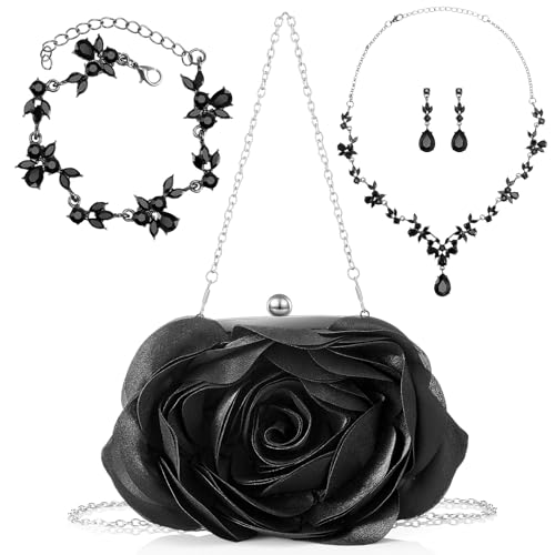 4 Pcs Floral Clutch Purse Jewelry Set Flower Evening Purse Wedding Clutch Bag with Rose Earrings Necklace Bracelet