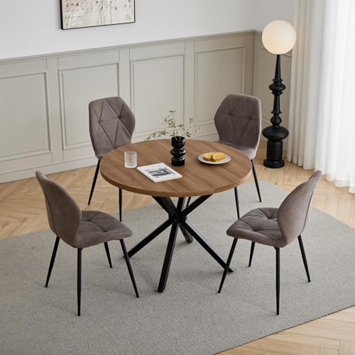 GrandCA HOME Juego de Mesa y Sillas de Comedor, Mesa de Comedor Redonda de 100 CM y 4 Sillas Modernas de Lino, para Comedor, Cocina, Sala de Estar (Oscuro + Marrón)