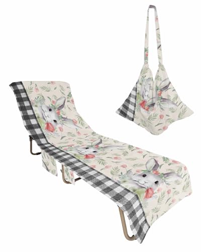Easter Bunny Beach Chair Towel Covers for Chaise Lounge with Side Pocket, Soft Plush Pool Towels Cover for Patio Sunbathing Outdoor 29''x85'' Easter Rabbits Watercolor Tulip Leaves Plaid