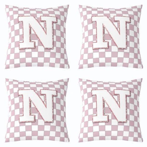 Image of Erosebridal Pink Initial N Throw Pillow Covers 18x18 Set of 2 Kawaii Plaid Checkered Cushion Cover Cute Personalized Monogram Throw Pillow Case for Bed Couch Sofa Fashion Grids Gingham Home Decor