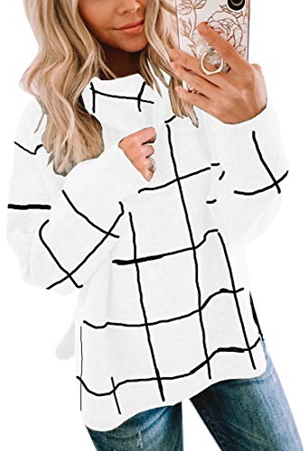ECOWISH Women Fall Pullover Sweater Turtleneck Plaid Long Sleeve Loose