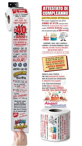 Carta Igienica Divertente 40 Anni – Rotolo Stampato a Colori con Fumetti e Attestato di Compleanno – Gag Regalo Uomo Donna per Festa 40° Compleanno
