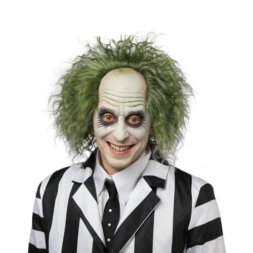 PORSMEER Green Bettlejuice Wig Men Short Curly Bald Cap Clown Wig Men Halloween costumes Wigs Unisex