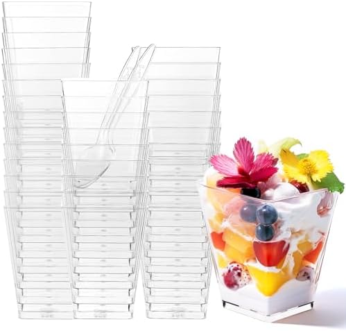 30 Pack 5 oz Square Dessert Cups with Spoons, Clear Plastic Parfa...