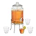 Relaxdays Dispenser per Bevande in Set, Distributore Acqua 6 L, 4 Bicchieri Retro Erogatore con Rubinetto, Trasparente, 80% Vetro Ferro 10% plastica, 1 pz