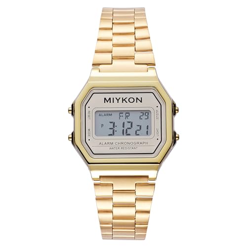 Miykon Vintage Watches for Men and Women | Small Square Retro Sports Digital Watch with Silver or Gold Stainless Steel Bracelet | Stopwatch, Alarm, Dual Time, 24hr Time, Light, 100ft Water Resistant (Gold Bracelet, Gold Dial, 33mm)
