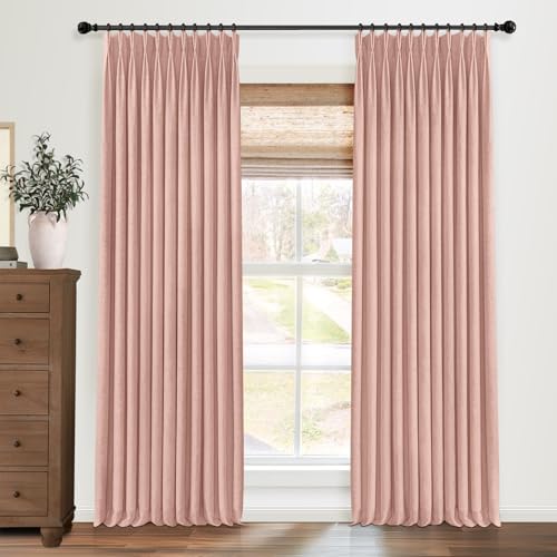 Pinch Pleated Blackout Curtains 108 Inch Long, Linen Blend, 100% Blackout Drapes with 20 Hooks, Ideal for Bedroom and Living Room, 40" W x 108" L (Pack of 2), Blush Pink