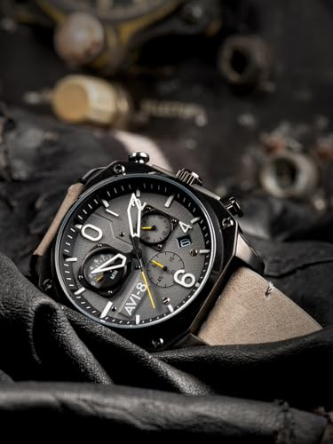 Image of AVI-8 Men's 45mm Hawker Hunter Retrograde Chronograph Watch with Leather Strap AV-4052