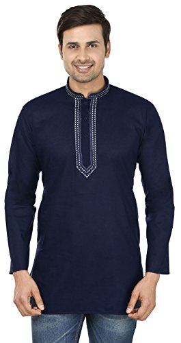 Arce Ropa Algodón Para Hombre Corto Kurta camiseta bordado indio vestido - Azul -
