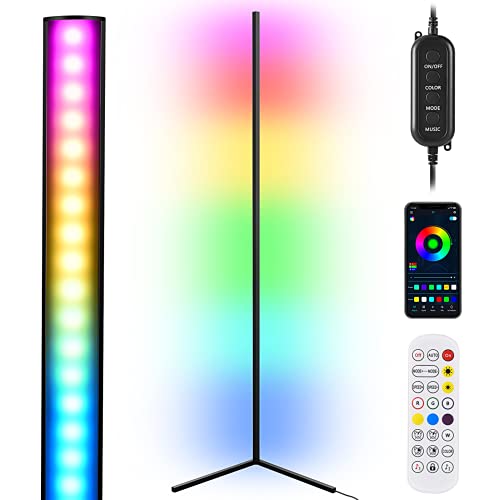 RGB Colorful Corner Floor Lamp, Dimmable LED Corner Light, 59" Tall Minimal Vertical Lamp, Modern Nordic Corner Lighting for Living Room Bedroom, with Romote Control and Tripod Shelf, Aluminium Alloy