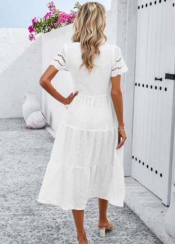 Image of Sumleno 2026 Women's Summer Midi Dresses Short Sleeve Smocked Tiered Dress Vacation Beach Wedding Guest Elegant Boho Sundress