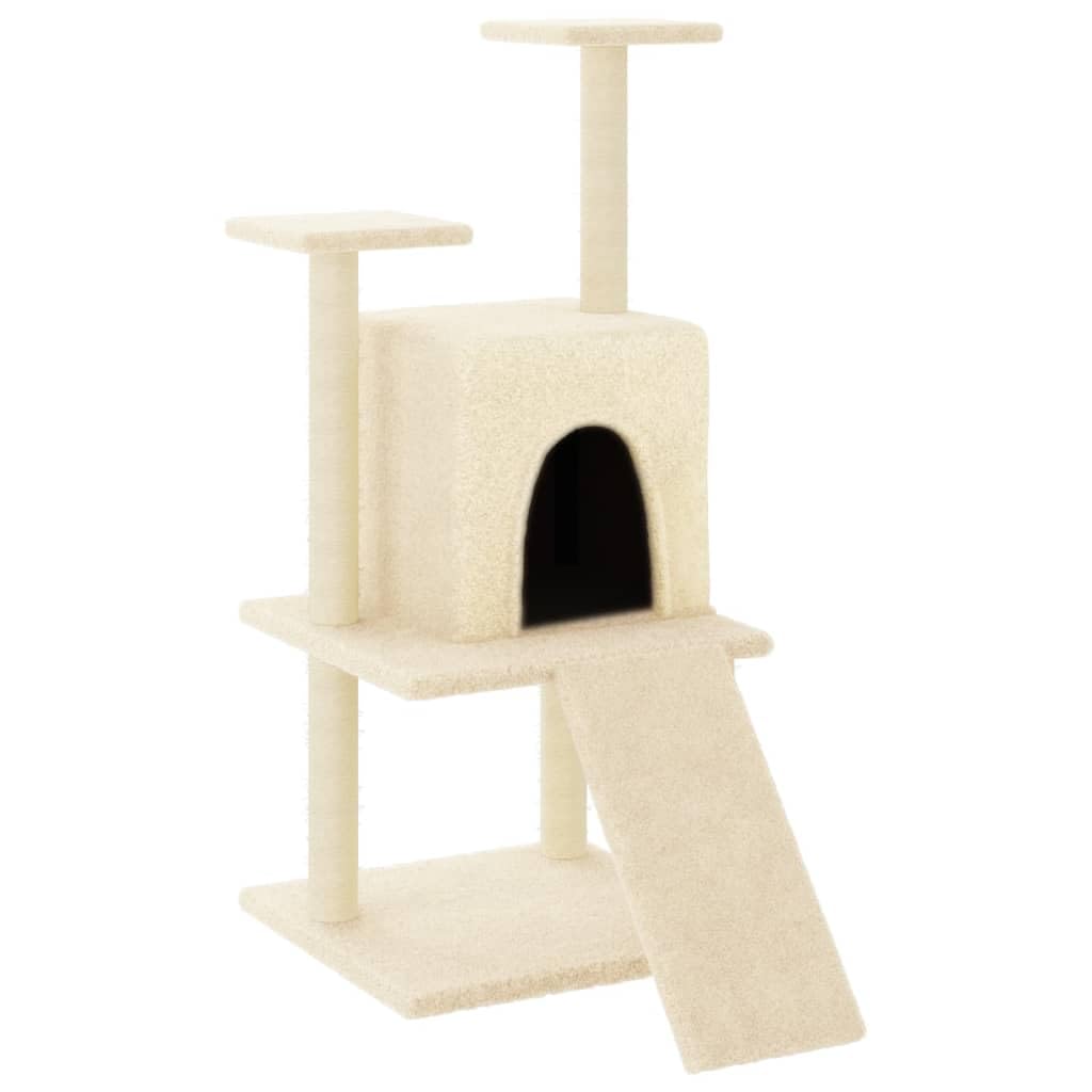 Rascador todo en uno con pilares rascadores de sisal, funda de felpa, rampa y superficies de descanso, 110 cm, color crema
