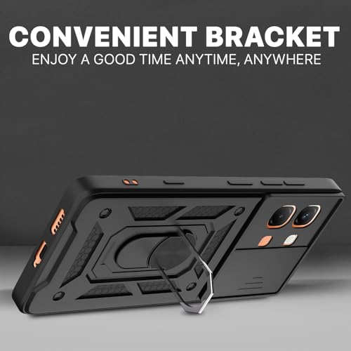 Image of Pikkme Back Cover for Infinix Note Edge 5G | 360 Protection Case | Sliding Camera Shield Cover & Ring Holder Stand D10 Tough Armor Bumper Case (Black)